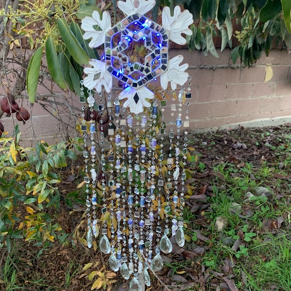 Winter Wonderland Blue Light Wind Chime Sun Catcher w/ Mosaic Mirrors & Crystals - Picture 11 of 11